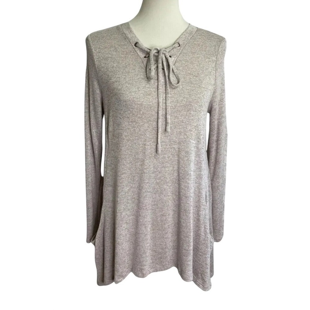 Olivia Sky Lace Up Tunic Top Womens Size M Beige Long Sleeve Pockets
